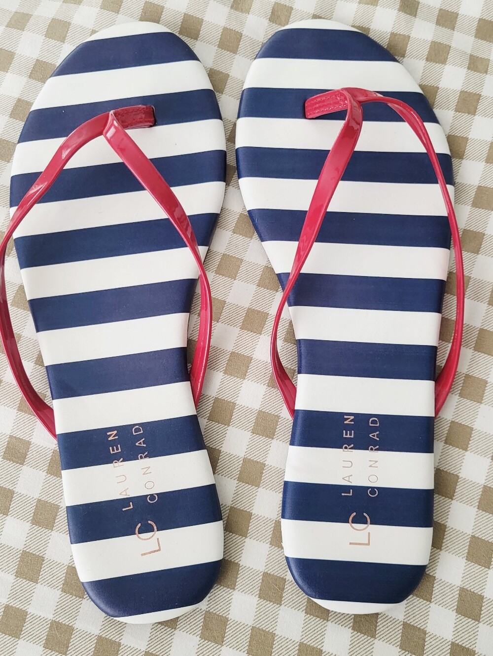 LC Lauren Conrad Navy & White Striped Flip Flops with Red Straps, Sz 8
